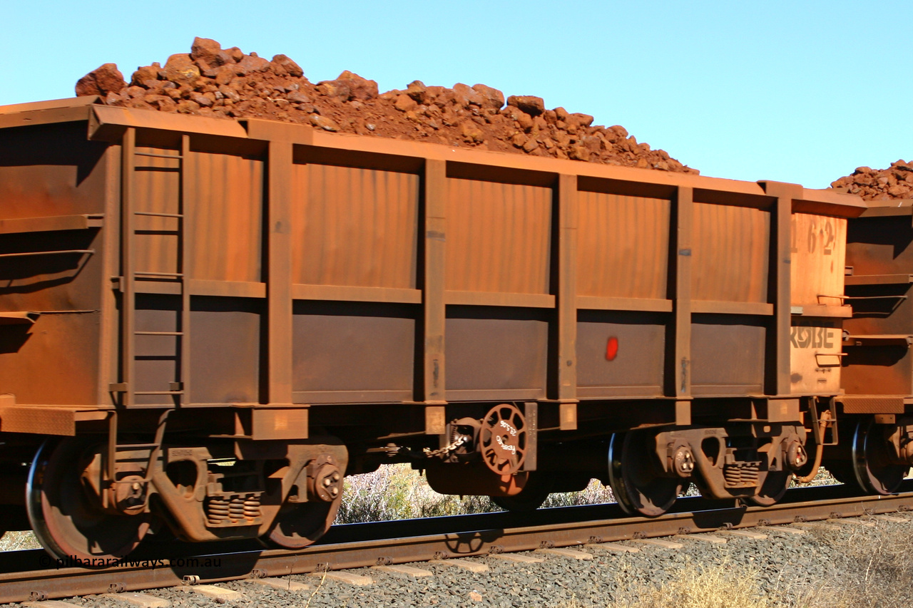 0162 060716 7198
Robe River ore waggon 162, built by Nippon Sharyo Nihon, fixed coupler end handbrake side loaded view at the 71 km on the Deepdale line, Western Creek, July 16, 2006.
Keywords: 162;Nippon-Sharyo-Nihon;Robe-ore-waggon;