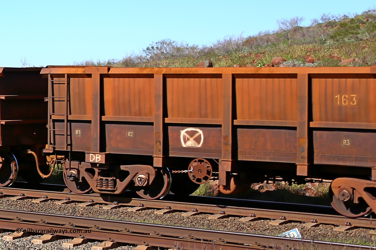 0163 160727 0961
Robe River ore waggon 163, built by Nippon Sharyo Nihon, handbrake side empty partial view at Harding Siding on the Cape Lambert line, July 27, 2016.
Keywords: 163;Nippon-Sharyo-Nihon;Robe-ore-waggon;