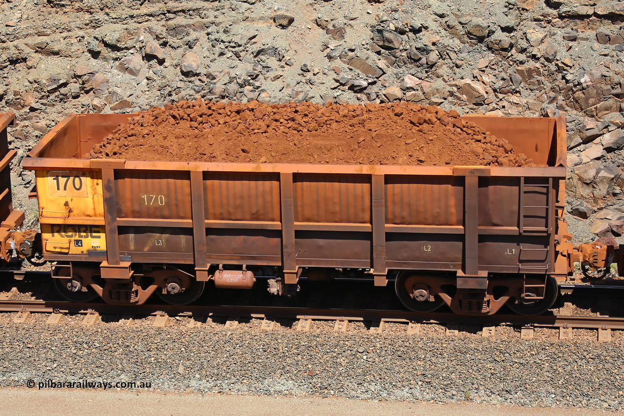 0170 160306 1518
Robe River ore waggon 170, built by Nippon Sharyo Nihon, fixed coupler non-handbrake side loaded view at the 45 km, Harding Siding on the Cape Lambert line. March 6, 2016.
Keywords: 170;Nippon-Sharyo-Nihon;Robe-ore-waggon;