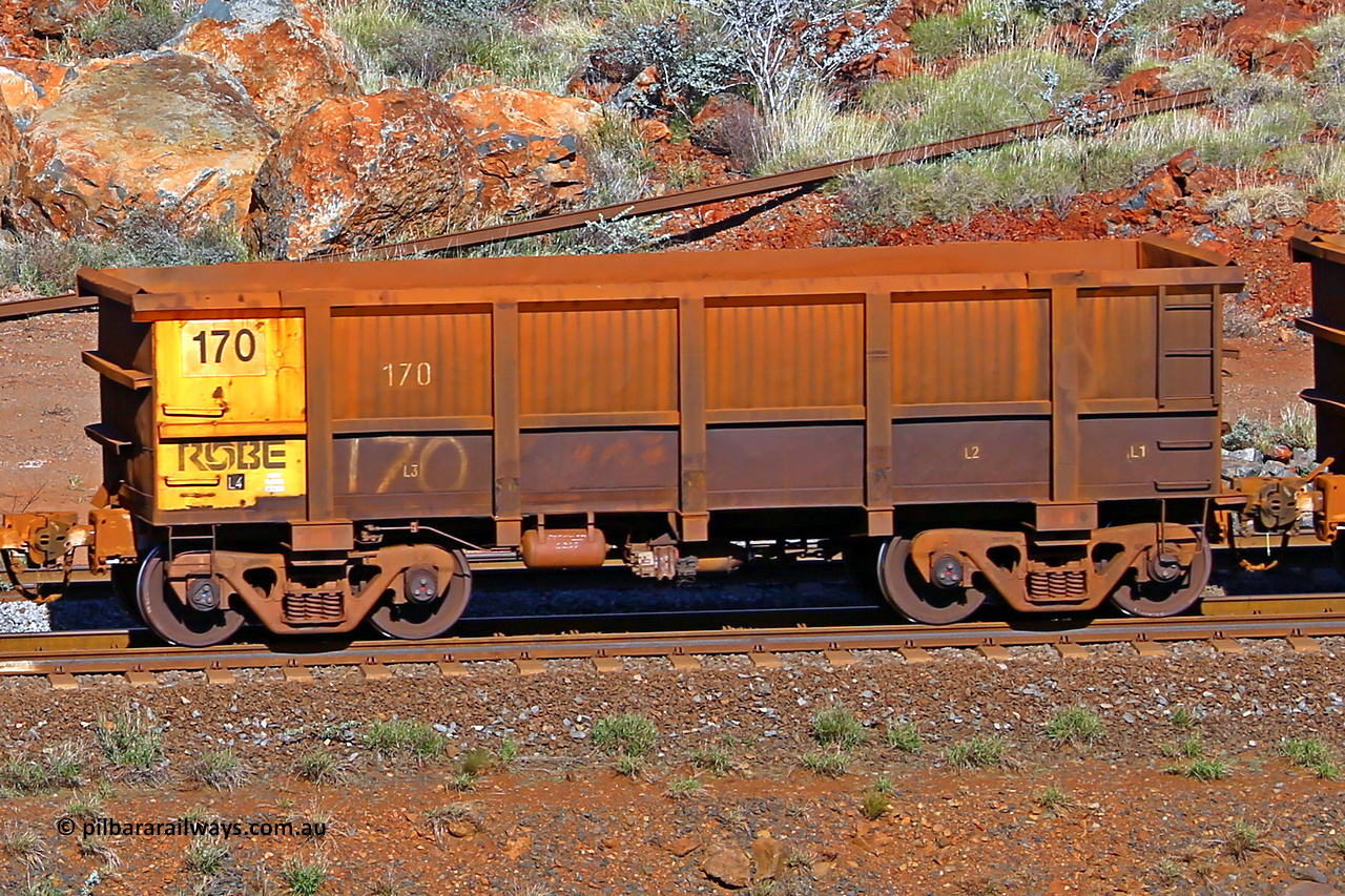 0170 180616 1734
Robe River ore waggon 170, built by Nippon Sharyo Nihon, rotary coupler end non-handbrake side empty view at the 38 km, Harding on the Cape Lambert line, June 16, 2018.
Keywords: 170;Nippon-Sharyo-Nihon;Robe-ore-waggon;