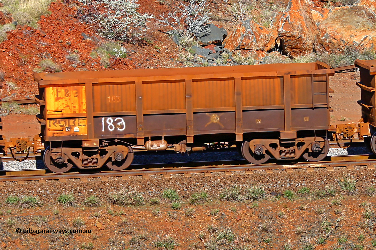 0183 180616 1738
Robe River ore waggon 183, built by Nippon Sharyo Nihon, rotary coupler end non-handbrake side empty view at the 38 km, Harding on the Cape Lambert line, June 16, 2018.
Keywords: 183;Nippon-Sharyo-Nihon;Robe-ore-waggon;