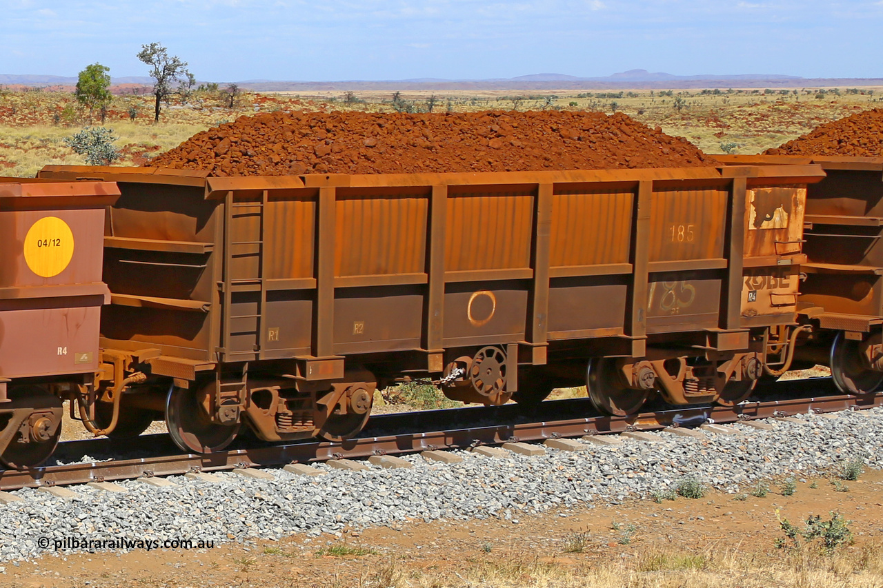 0185 170729 0204
Robe River ore waggon 185, built by Nippon Sharyo Nihon, fixed coupler handbrake side loaded view at the 103 km, between Maitland Siding and the Fortescue River on the Deepdale line. July 29, 2017.
Keywords: 185;Nippon-Sharyo-Nihon;Robe-ore-waggon;