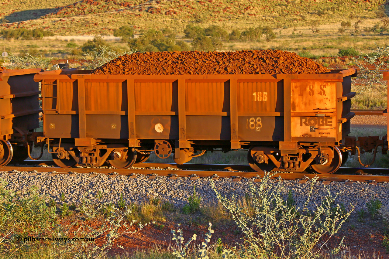 0188 170513 8642
Robe River ore waggon 188, built by Nippon Sharyo Nihon, rotary coupler end handbrake side loaded view, Cape Lambert yard, May 13, 2017.
Keywords: 188;Nippon-Sharyo-Nihon;Robe-ore-waggon;