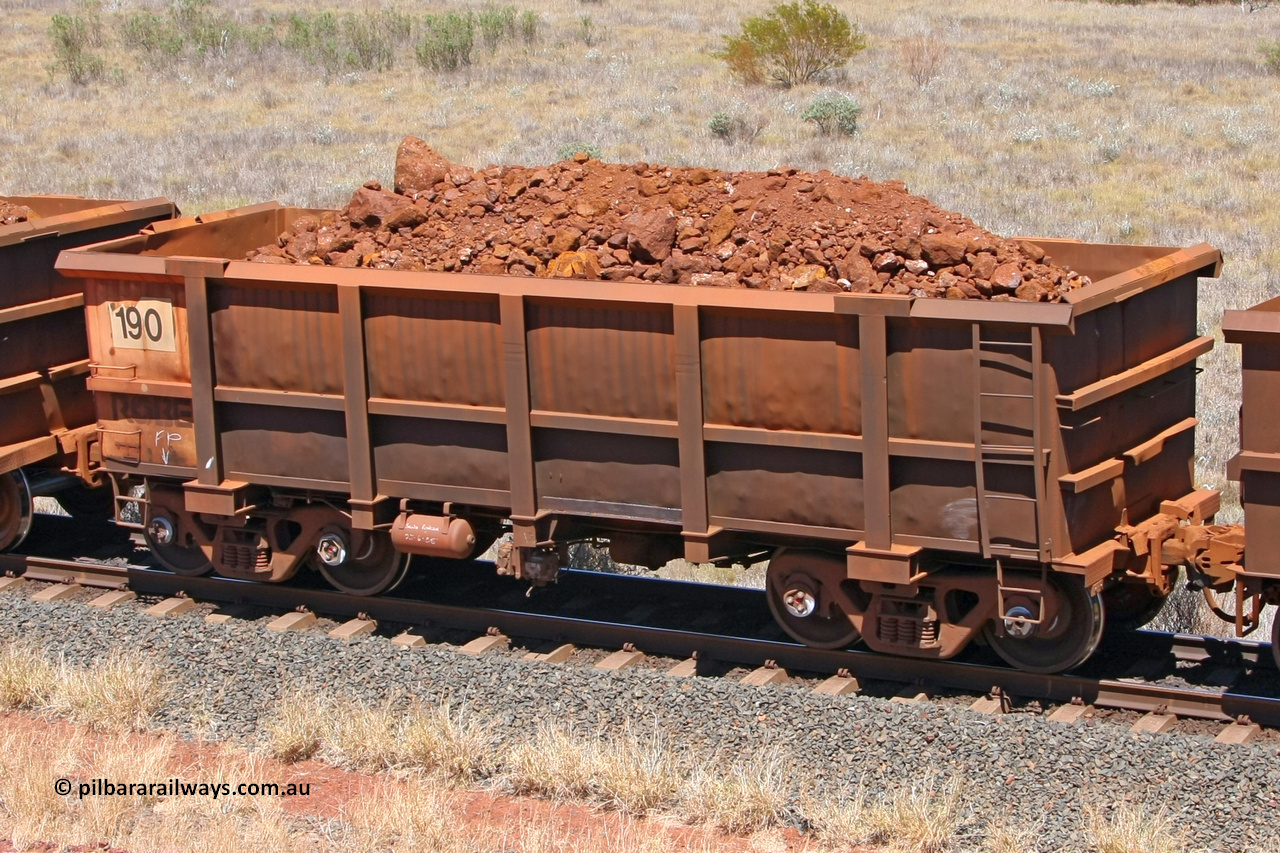 0190 081209 0162
Robe River ore waggon 190, built by Nippon Sharyo Nihon, fixed coupler non-handbrake side loaded view at the 7 km location just south of Cape Lambert yard. December 9, 2008.
Keywords: 190;Nippon-Sharyo-Nihon;Robe-ore-waggon;