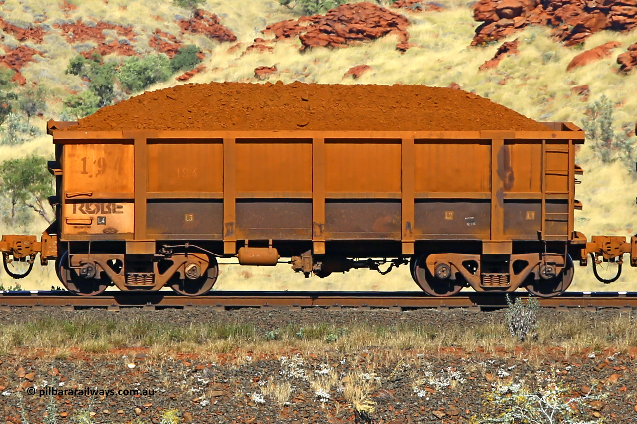 0194 170728 09943
Robe River ore waggon 194, built by Nippon Sharyo Nihon, non-handbrake side loaded view at the 72 km, Western Creek on the Deepdale line. July 28, 2017.
Keywords: 194;Nippon-Sharyo-Nihon;Robe-ore-waggon;