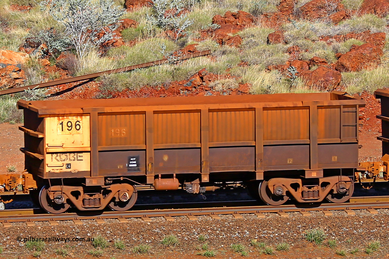 0196 180616 1699
Robe River ore waggon 196, built by Nippon Sharyo Nihon, rotary coupler end non-handbrake side empty view at the 38 km, Harding on the Cape Lambert line, June 16, 2018.
Keywords: 196;Nippon-Sharyo-Nihon;Robe-ore-waggon;