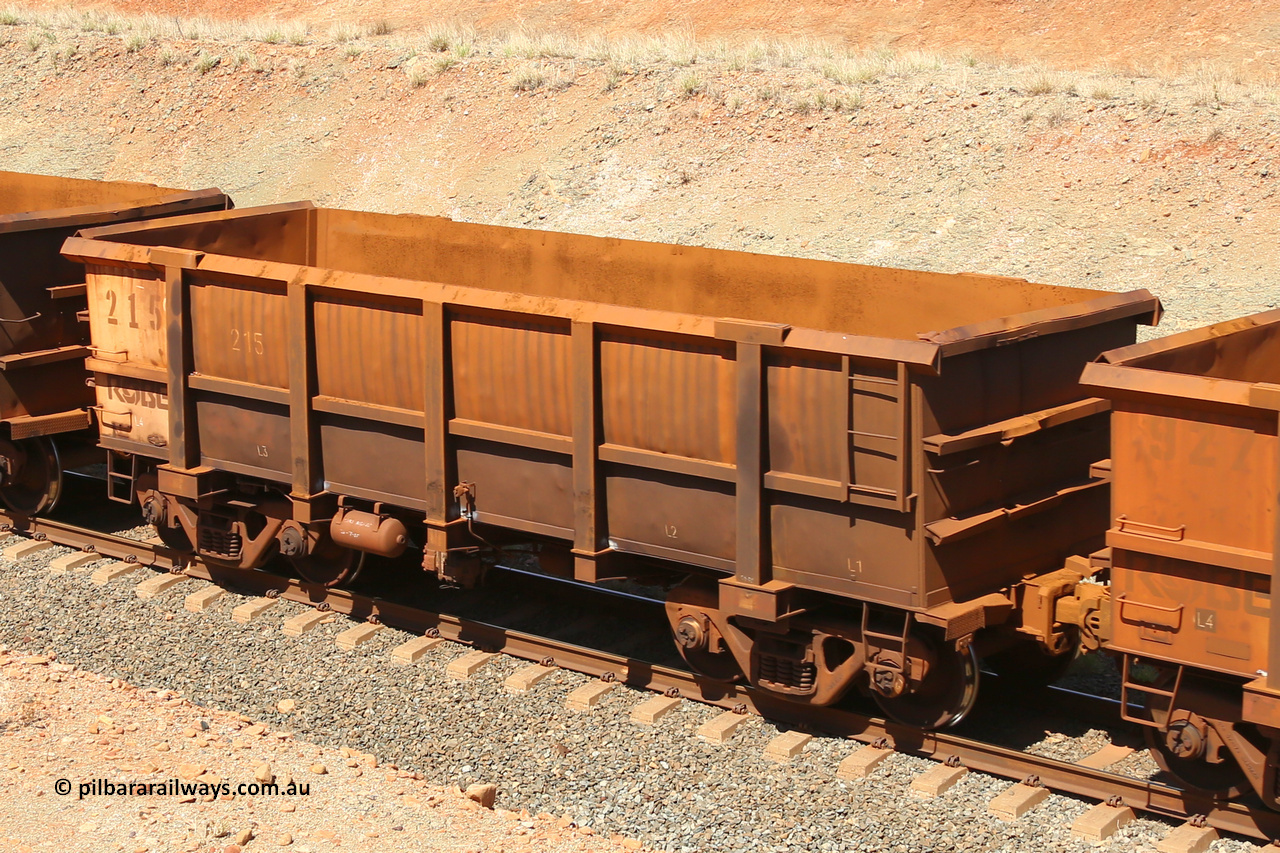 0215 160306 1298
Robe River ore waggon 215, built by Nippon Sharyo Nihon, fixed coupler non-handbrake side empty view at Greenpool on the Cape Lambert line. March 6, 2016.
Keywords: 215;Nippon-Sharyo-Nihon;Robe-ore-waggon;
