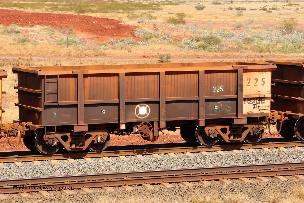0225 141124 6814
Robe River ore waggon 225, built by Nippon Sharyo Nihon, fixed coupler handbrake side empty view at the 25 km at Arches Siding on the Cape Lambert line. November 24, 2014.
Keywords: 225;Nippon-Sharyo-Nihon;Robe-ore-waggon;