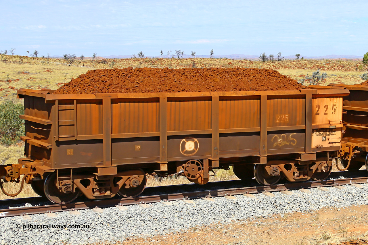 0225 170729 0206
Robe River ore waggon 225, built by Nippon Sharyo Nihon, fixed coupler handbrake side loaded view at the 103 km, between Maitland Siding and the Fortescue River on the Deepdale line. July 29, 2017.
Keywords: 225;Nippon-Sharyo-Nihon;Robe-ore-waggon;