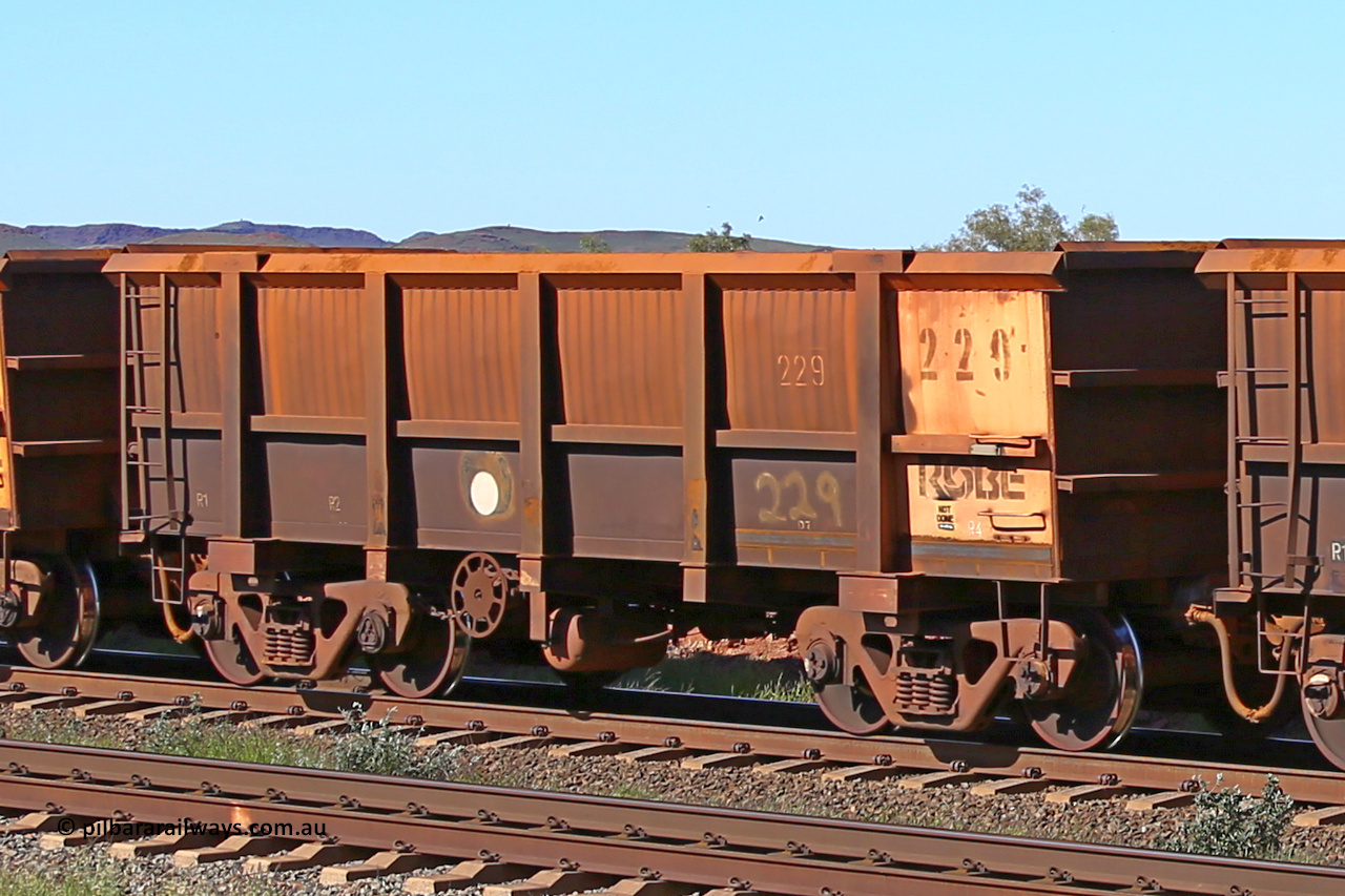 0229 160727 0975
Robe River ore waggon 229, built by Nippon Sharyo Nihon, rotary coupler end handbrake side empty view at Harding Siding on the Cape Lambert line, July 27, 2016.
Keywords: 229;Nippon-Sharyo-Nihon;Robe-ore-waggon;