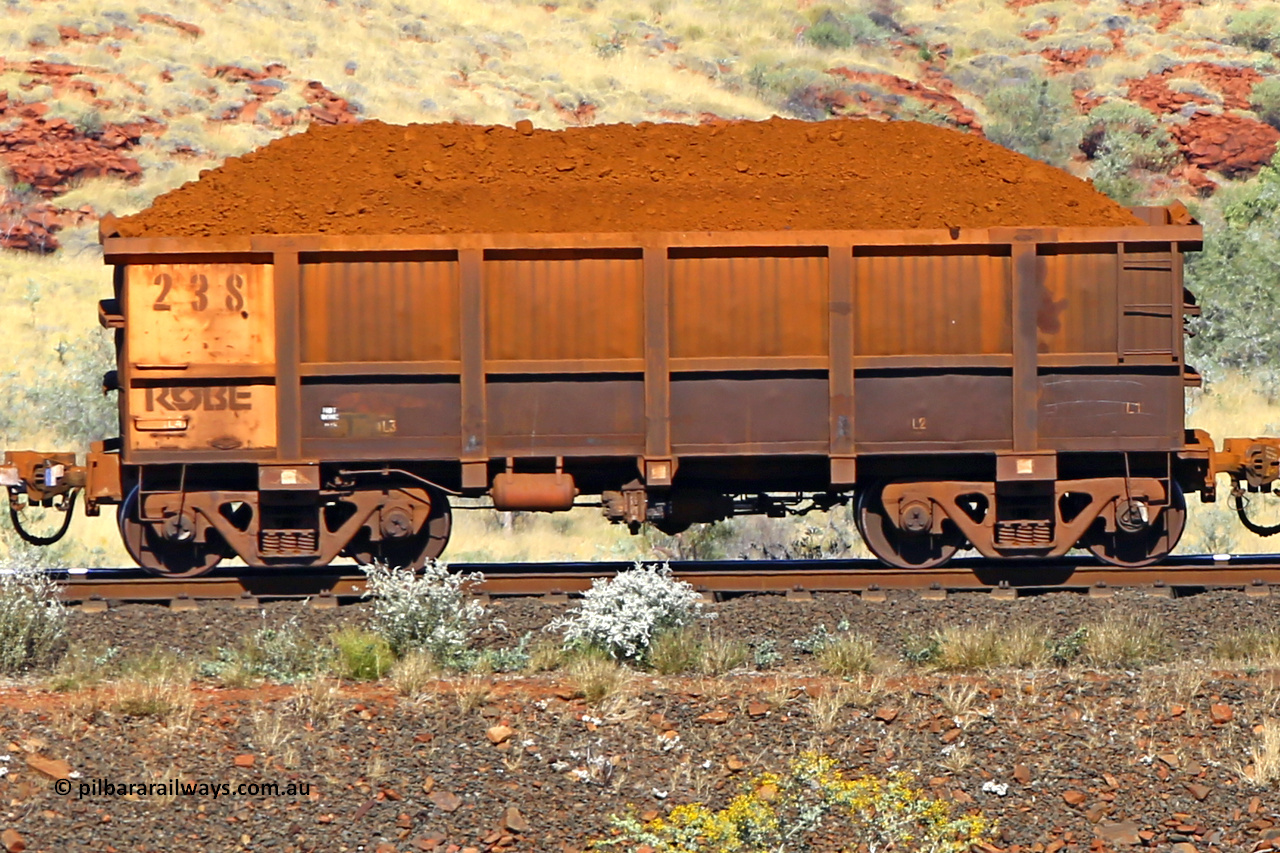 0238 170728 09922
Robe River ore waggon 238, built by Nippon Sharyo Nihon, non-handbrake side loaded view at the 72 km, Western Creek on the Deepdale line. July 28, 2017.
Keywords: 238;Nippon-Sharyo-Nihon;Robe-ore-waggon;