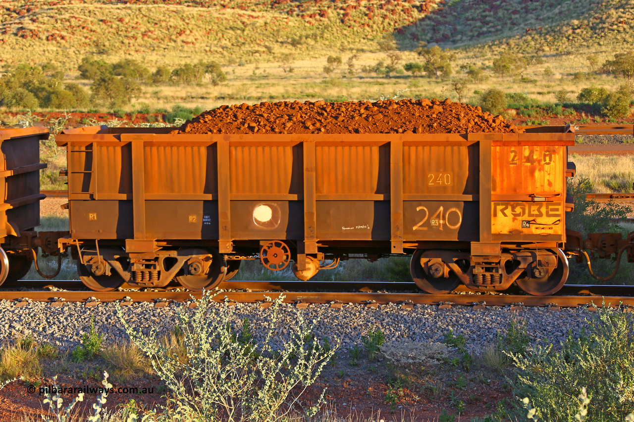 0240 170513 8744
Robe River ore waggon 240, built by Nippon Sharyo Nihon, handbrake side loaded view, Cape Lambert yard, May 13, 2017.
Keywords: 240;Nippon-Sharyo-Nihon;Robe-ore-waggon;