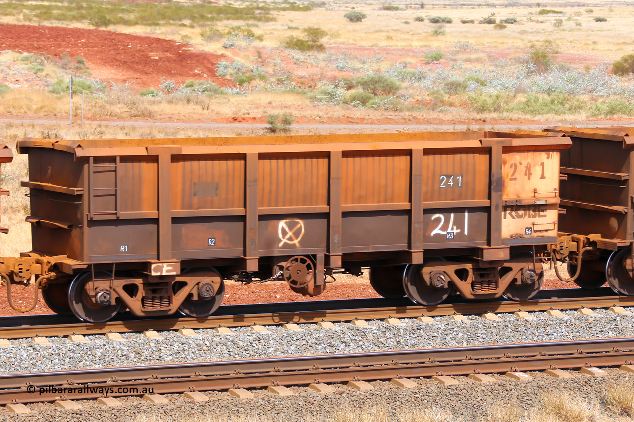 0241 141124 6794
Robe River ore waggon 241, built by Nippon Sharyo Nihon, fixed coupler handbrake side empty view at the 25 km at Arches Siding on the Cape Lambert line. November 24, 2014.
Keywords: 241;Nippon-Sharyo-Nihon;Robe-ore-waggon;