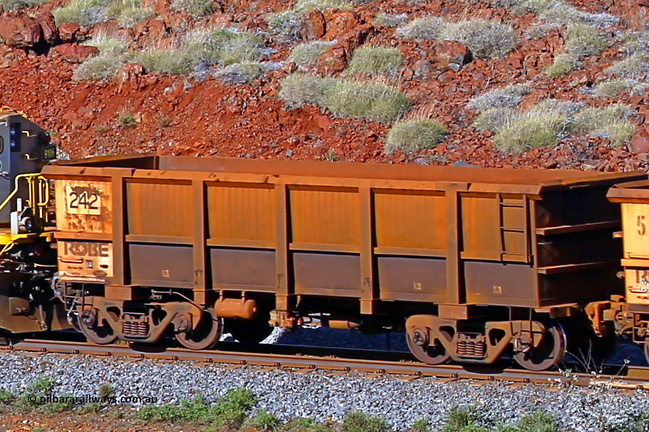 0242 180616 1691
Robe River ore waggon 242, built by Nippon Sharyo Nihon, rotary coupler end non-handbrake side empty view at the 38 km, Harding on the Cape Lambert line, June 16, 2018.
Keywords: 242;Nippon-Sharyo-Nihon;Robe-ore-waggon;