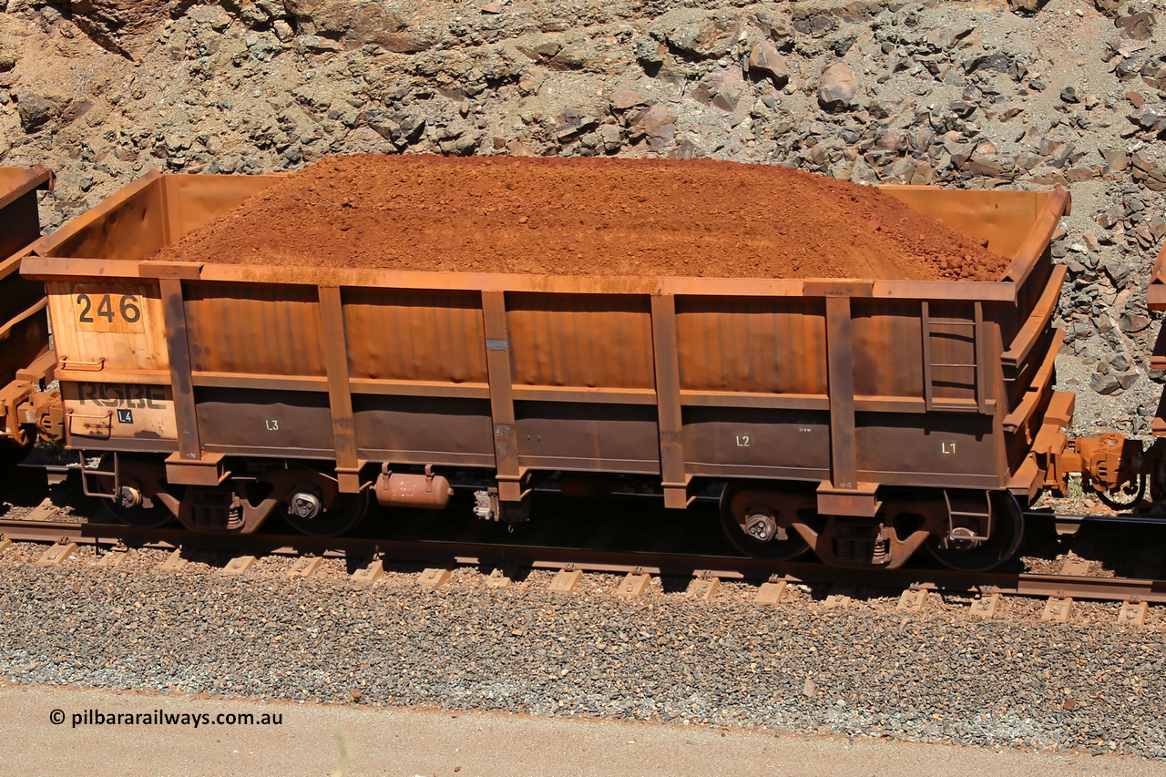 0246 160306 1654
Robe River ore waggon 246, built by Nippon Sharyo Nihon, fixed coupler non-handbrake side loaded view at the 45 km, Harding Siding on the Cape Lambert line. March 6, 2016.
Keywords: 246;Nippon-Sharyo-Nihon;Robe-ore-waggon;