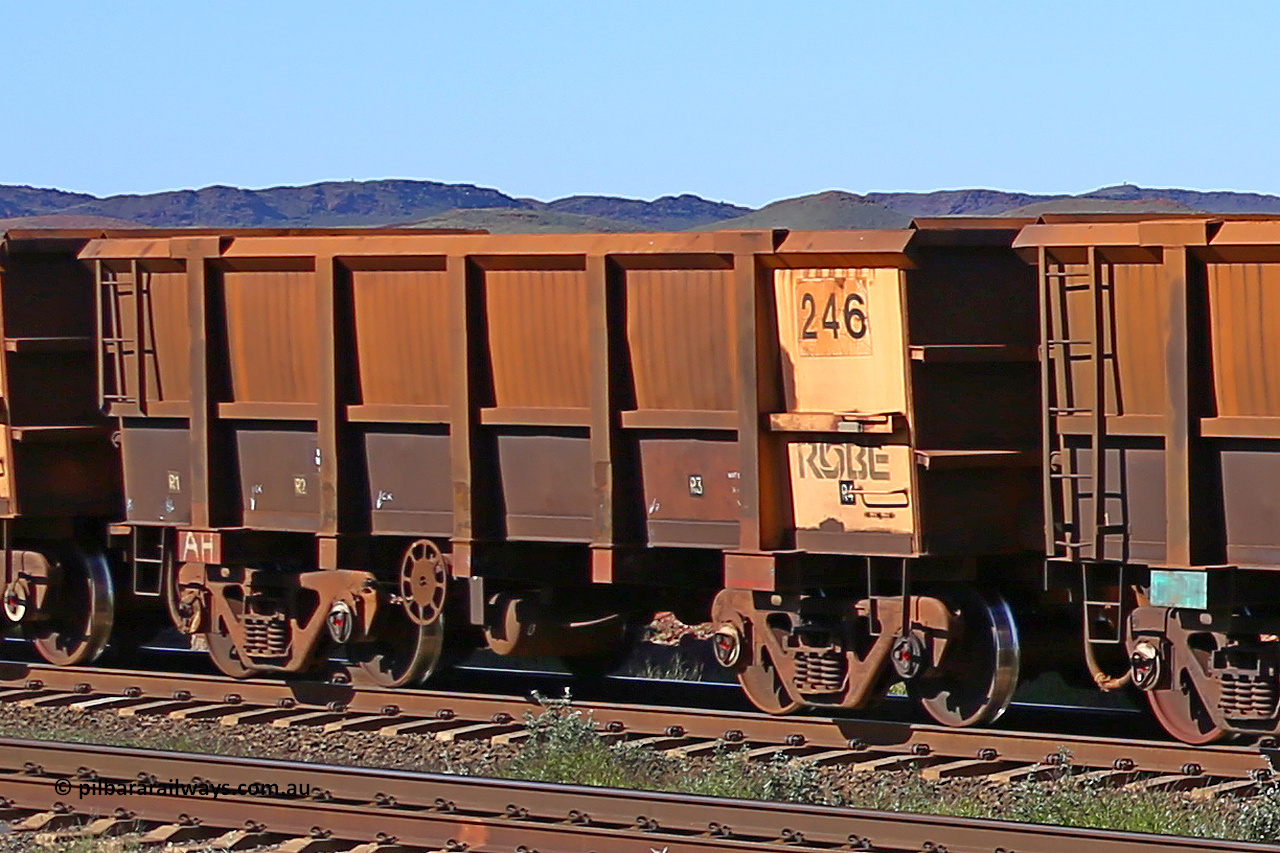 0246 160727 0988
Robe River ore waggon 246, built by Nippon Sharyo Nihon, rotary coupler end handbrake side empty view at Harding Siding on the Cape Lambert line, July 27, 2016.
Keywords: 246;Nippon-Sharyo-Nihon;Robe-ore-waggon;