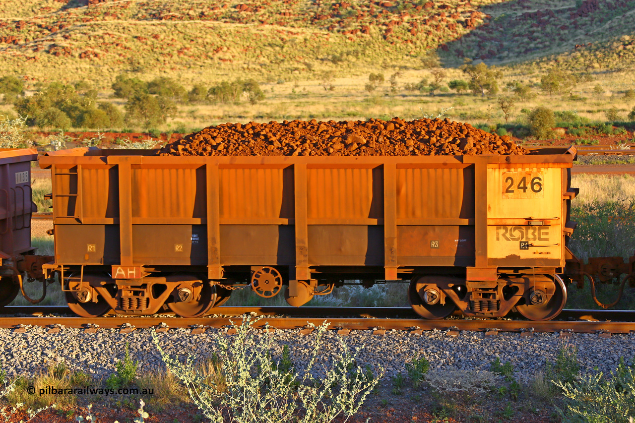 0246 170513 8726
Robe River ore waggon 246, built by Nippon Sharyo Nihon, handbrake side loaded view, Cape Lambert yard, May 13, 2017.
Keywords: 246;Nippon-Sharyo-Nihon;Robe-ore-waggon;