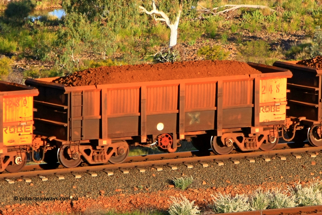 0248 110602 1599
Robe River ore waggon 248, built by Nippon Sharyo Nihon, fixed coupler handbrake side loaded view at the 71 km, Western Creek on the Deepdale line. June 2, 2011.
Keywords: 248;Nippon-Sharyo-Nihon;Robe-ore-waggon;