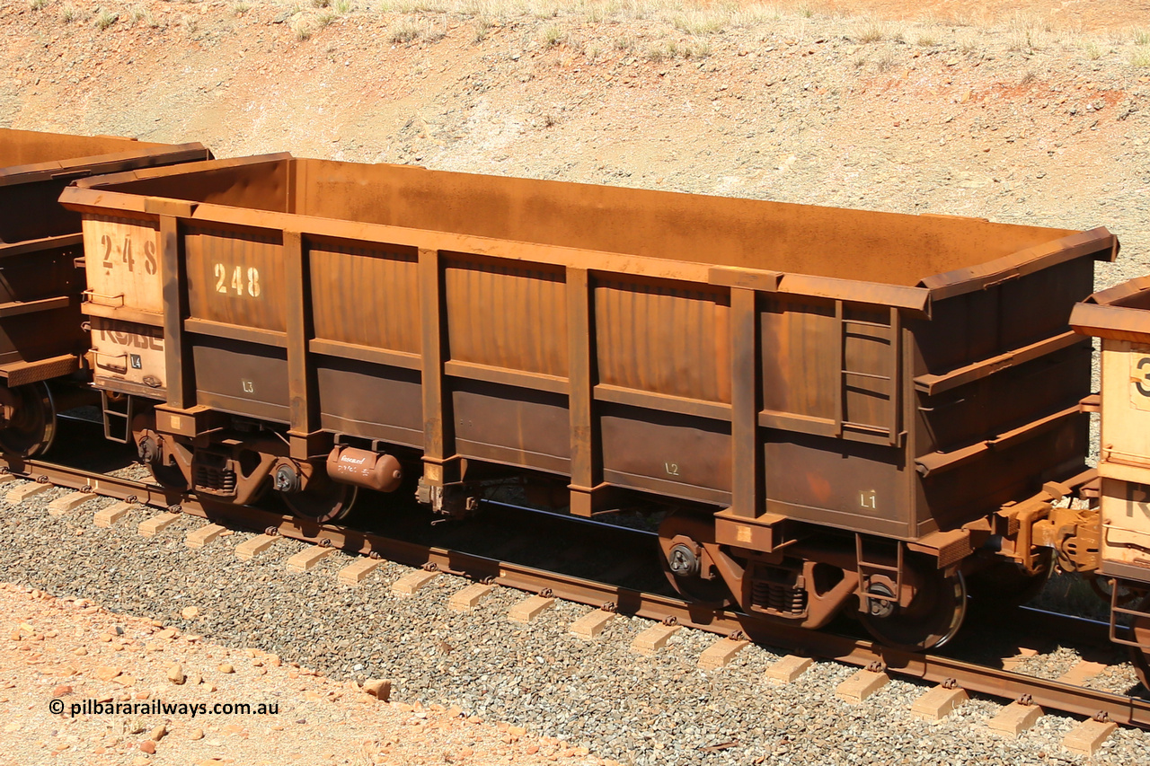 0248 160306 1354
Robe River ore waggon 248, built by Nippon Sharyo Nihon, fixed coupler non-handbrake side empty view at Greenpool on the Cape Lambert line. March 6, 2016.
Keywords: 248;Nippon-Sharyo-Nihon;Robe-ore-waggon;