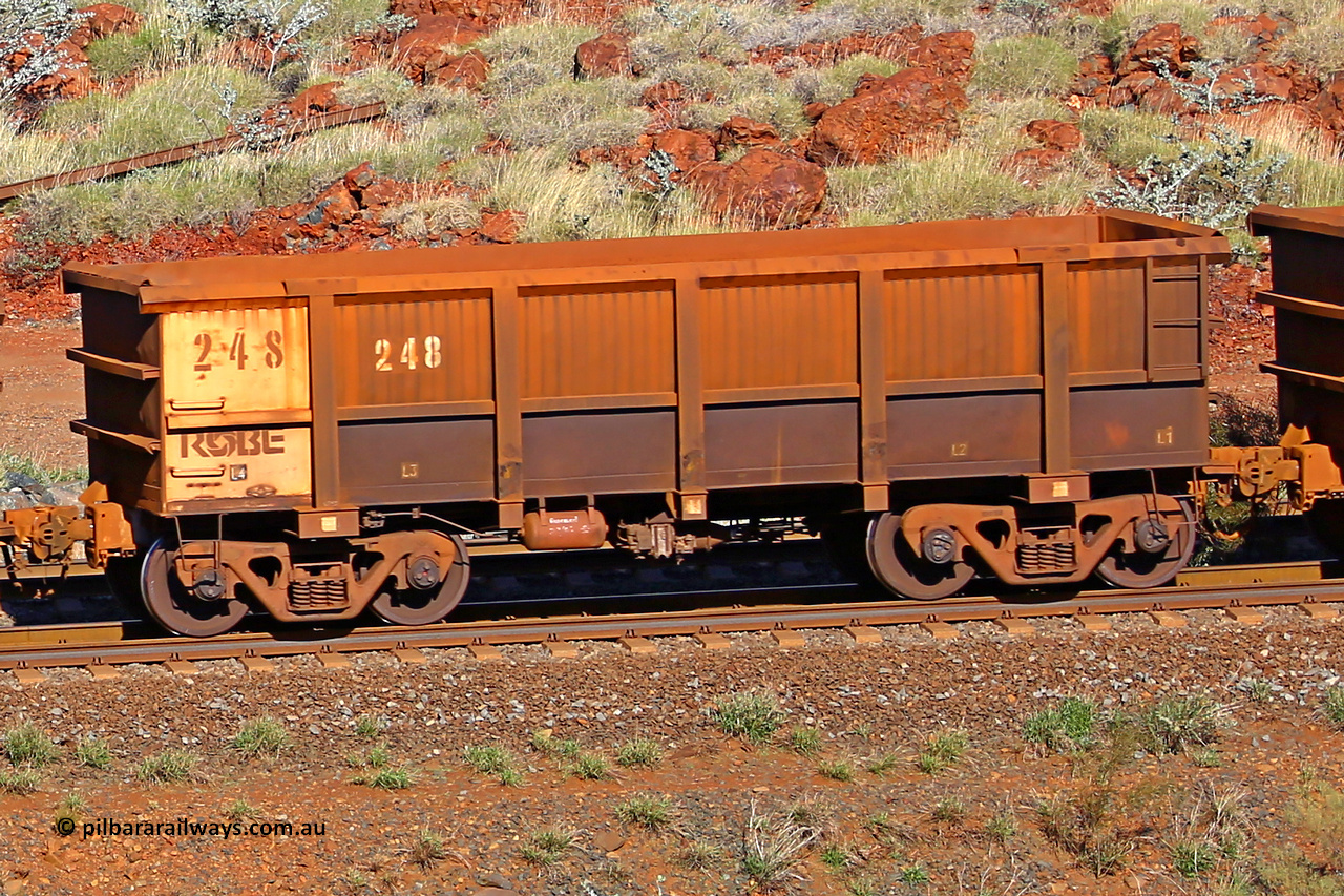 0248 180616 1716
Robe River ore waggon 248, built by Nippon Sharyo Nihon, rotary coupler end non-handbrake side empty view at the 38 km, Harding on the Cape Lambert line, June 16, 2018.
Keywords: 248;Nippon-Sharyo-Nihon;Robe-ore-waggon;