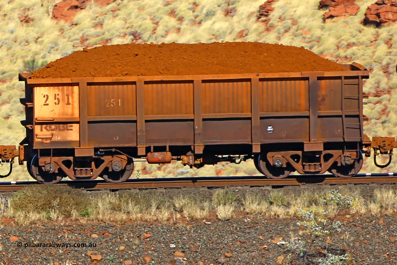 0251 170728 09934
Robe River ore waggon 251, built by Nippon Sharyo Nihon, non-handbrake side loaded view at the 72 km, Western Creek on the Deepdale line. July 28, 2017.
Keywords: 251;Nippon-Sharyo-Nihon;Robe-ore-waggon;