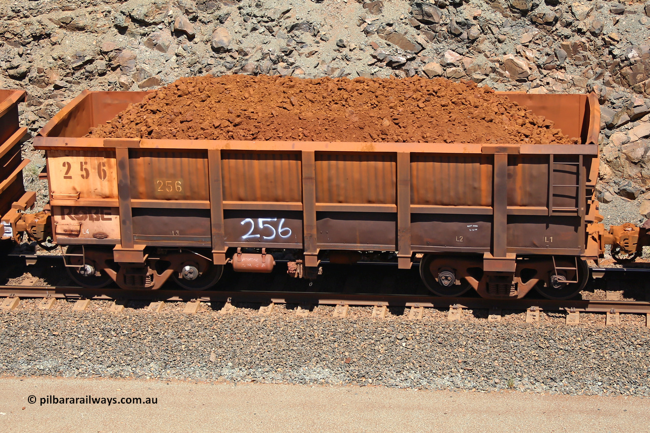 0256 160306 1523
Robe River ore waggon 256, built by Nippon Sharyo Nihon, fixed coupler non-handbrake side loaded view at the 45 km, Harding Siding on the Cape Lambert line. March 6, 2016.
Keywords: 256;Nippon-Sharyo-Nihon;Robe-ore-waggon;