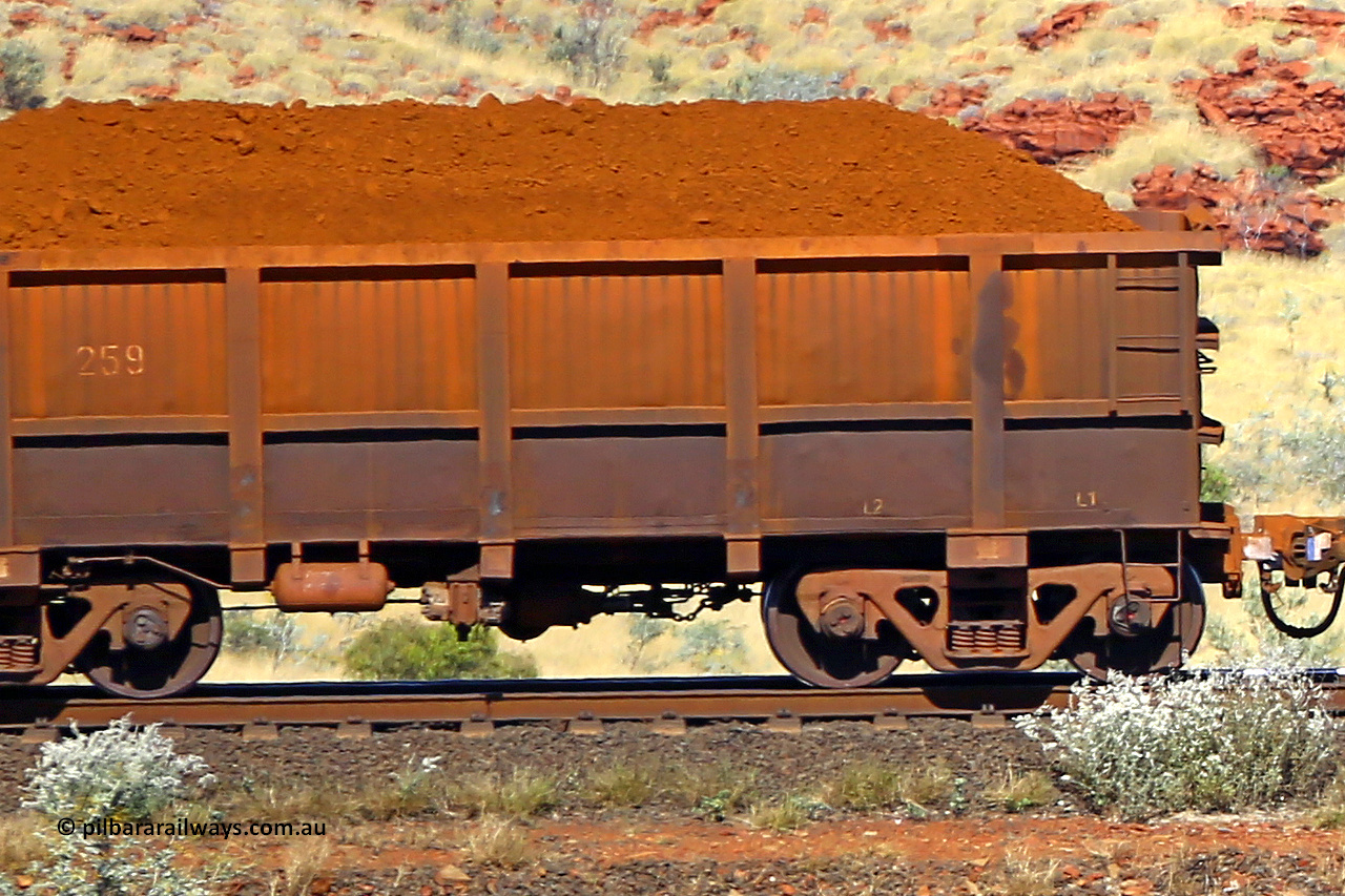0259 170728 09922
Robe River ore waggon 259, built by Nippon Sharyo Nihon, non-handbrake side loaded partial view at the 72 km, Western Creek on the Deepdale line. July 28, 2017.
Keywords: 259;Nippon-Sharyo-Nihon;Robe-ore-waggon;