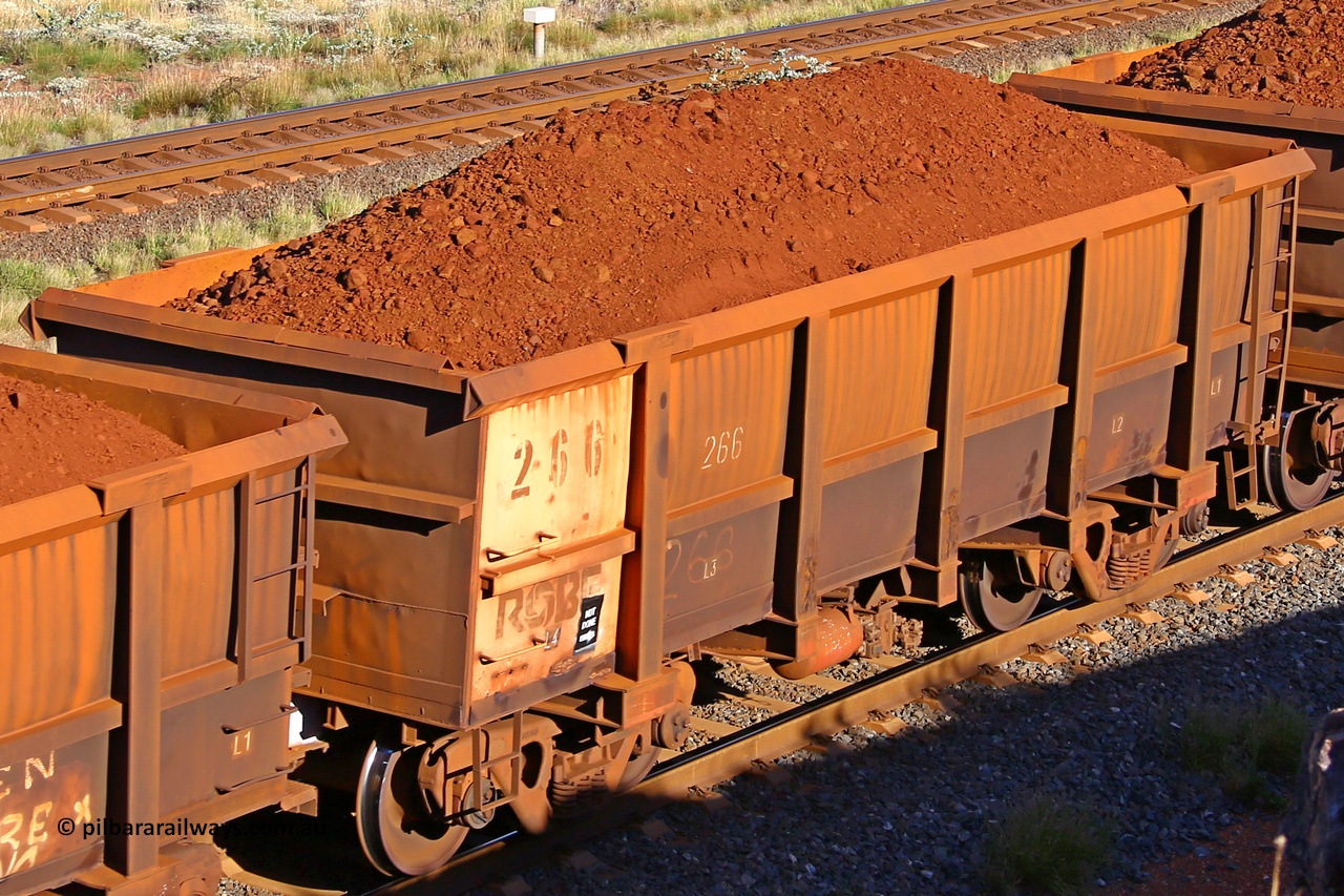 0266 210322 9780
Robe River ore waggon 266, built by Nippon Sharyo Nihon, rotary coupler end non-handbrake side loaded view at the 17 km on the Cape Lambert line, March 22, 2021.
Keywords: 266;Nippon-Sharyo-Nihon;Robe-ore-waggon;