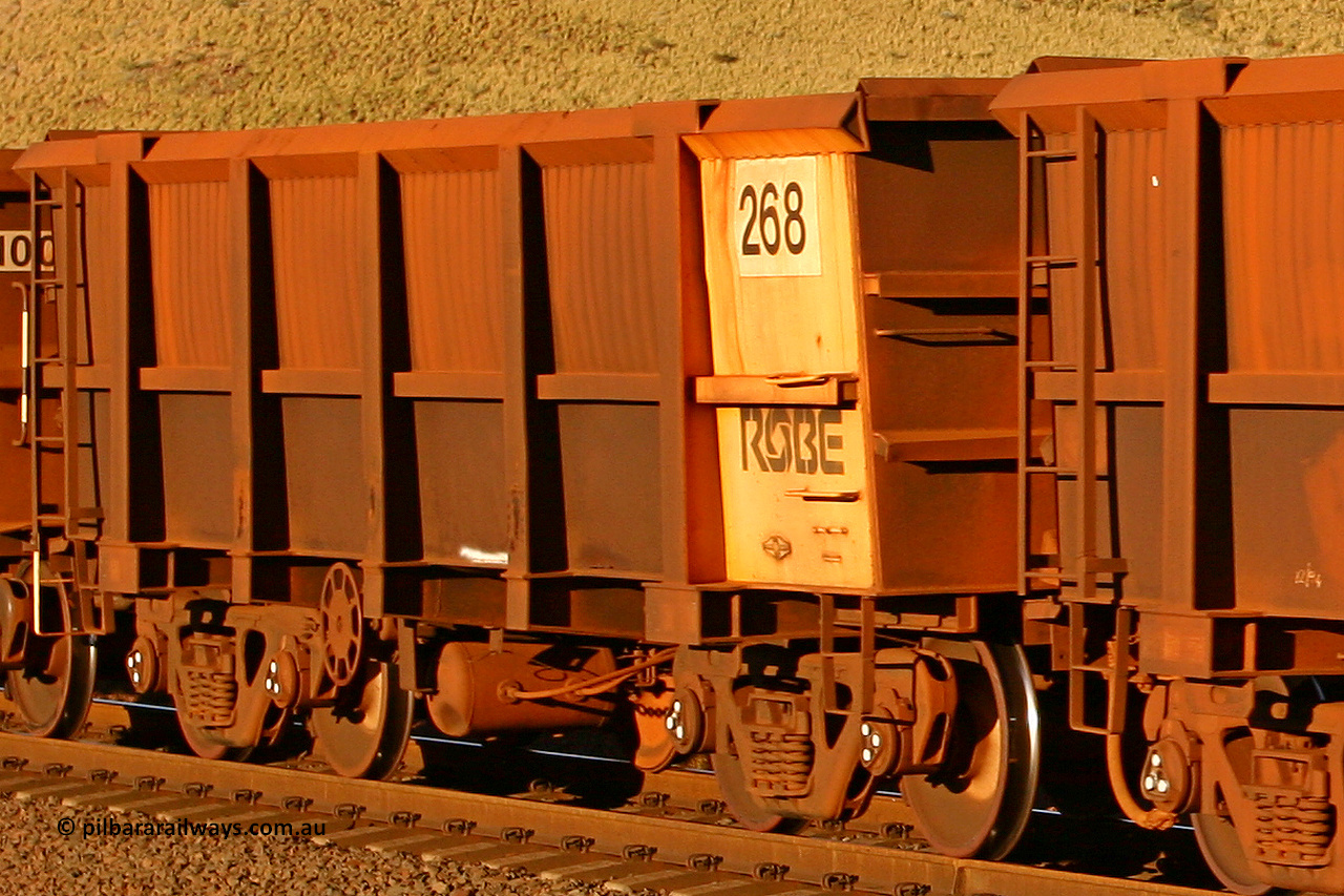 0268 060722 7597
Robe River ore waggon 268, built by Nippon Sharyo Nihon, rotary coupler end handbrake side empty view, at the 11.7 km, Cape Lambert. July 22, 2006.
Keywords: 268;Nippon-Sharyo-Nihon;Robe-ore-waggon;