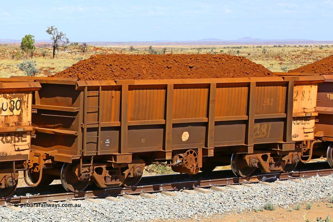0281 170729 0209
Robe River ore waggon 281, built by Nippon Sharyo Nihon, fixed coupler handbrake side loaded view at the 103 km, between Maitland Siding and the Fortescue River on the Deepdale line. July 29, 2017.
Keywords: 281;Nippon-Sharyo-Nihon;Robe-ore-waggon;
