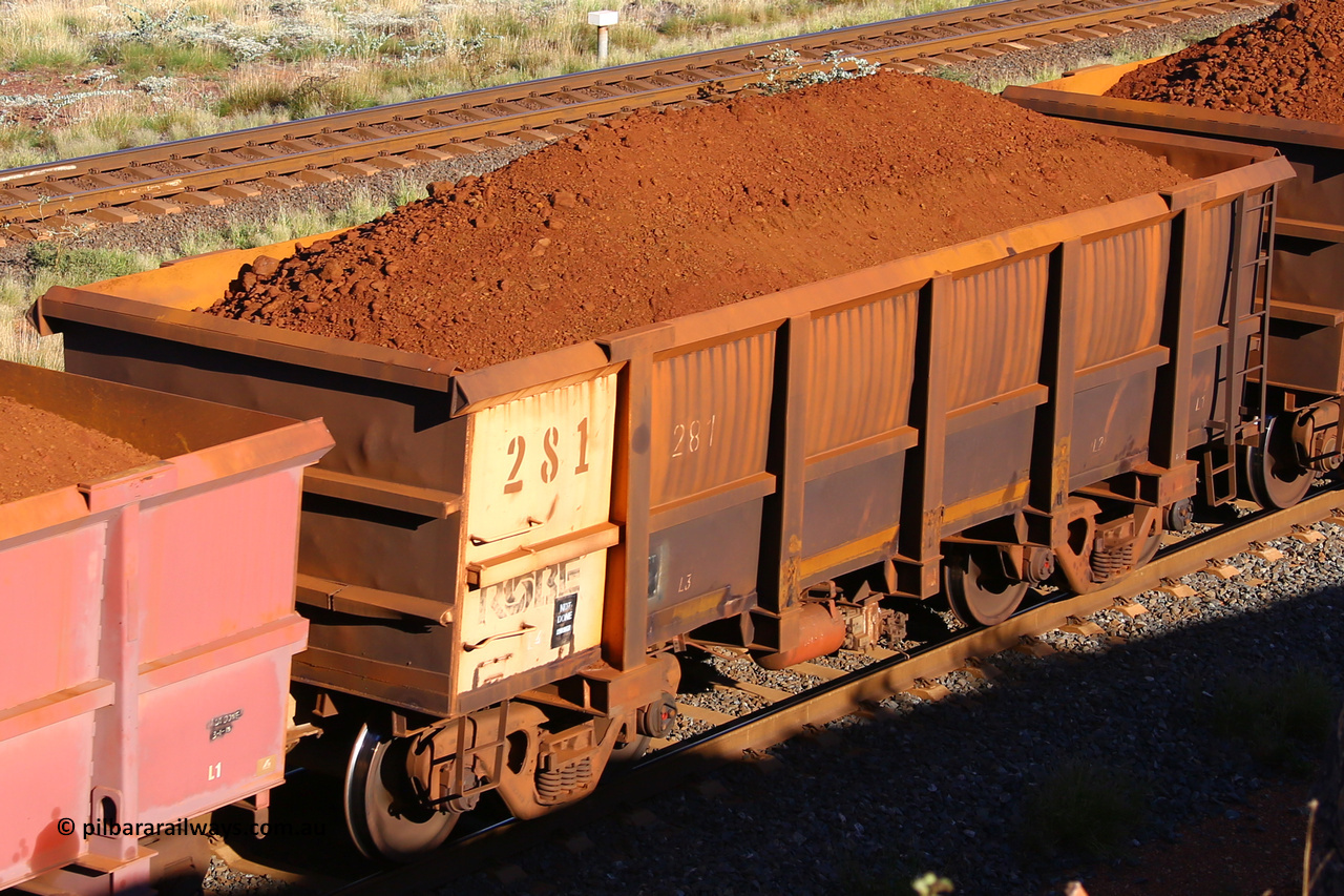 0281 210322 9790
Robe River ore waggon 281, built by Nippon Sharyo Nihon, rotary coupler end non-handbrake side loaded view at the 17 km on the Cape Lambert line, March 22, 2021.
Keywords: 281;Nippon-Sharyo-Nihon;Robe-ore-waggon;