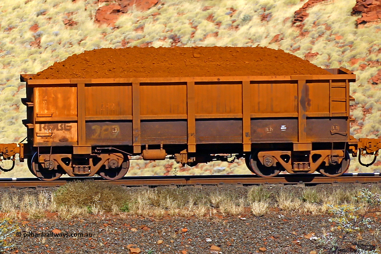 0282 170728 09937
Robe River ore waggon 282, built by Nippon Sharyo Nihon, non-handbrake side loaded view at the 72 km, Western Creek on the Deepdale line. July 28, 2017.
Keywords: 282;Nippon-Sharyo-Nihon;Robe-ore-waggon;