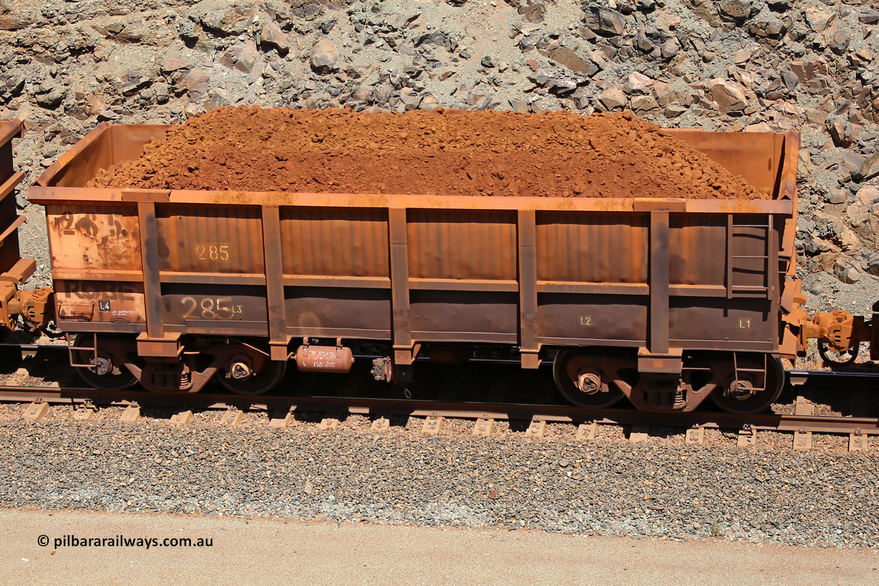 0285 160306 1577
Robe River ore waggon 285, built by Nippon Sharyo Nihon, fixed coupler handbrake side loaded view at the 45 km, Harding Siding on the Cape Lambert line. March 6, 2016.
Keywords: 285;Nippon-Sharyo-Nihon;Robe-ore-waggon;