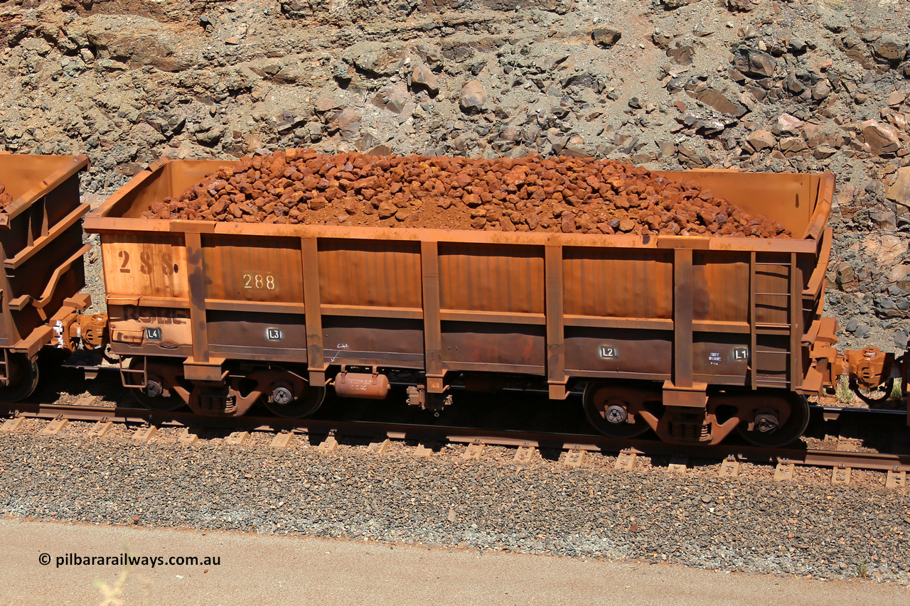 0288 160306 1659
Robe River ore waggon 288, built by Nippon Sharyo Nihon, fixed coupler non-handbrake side loaded view at the 45 km, Harding Siding on the Cape Lambert line. March 6, 2016.
Keywords: 288;Nippon-Sharyo-Nihon;Robe-ore-waggon;