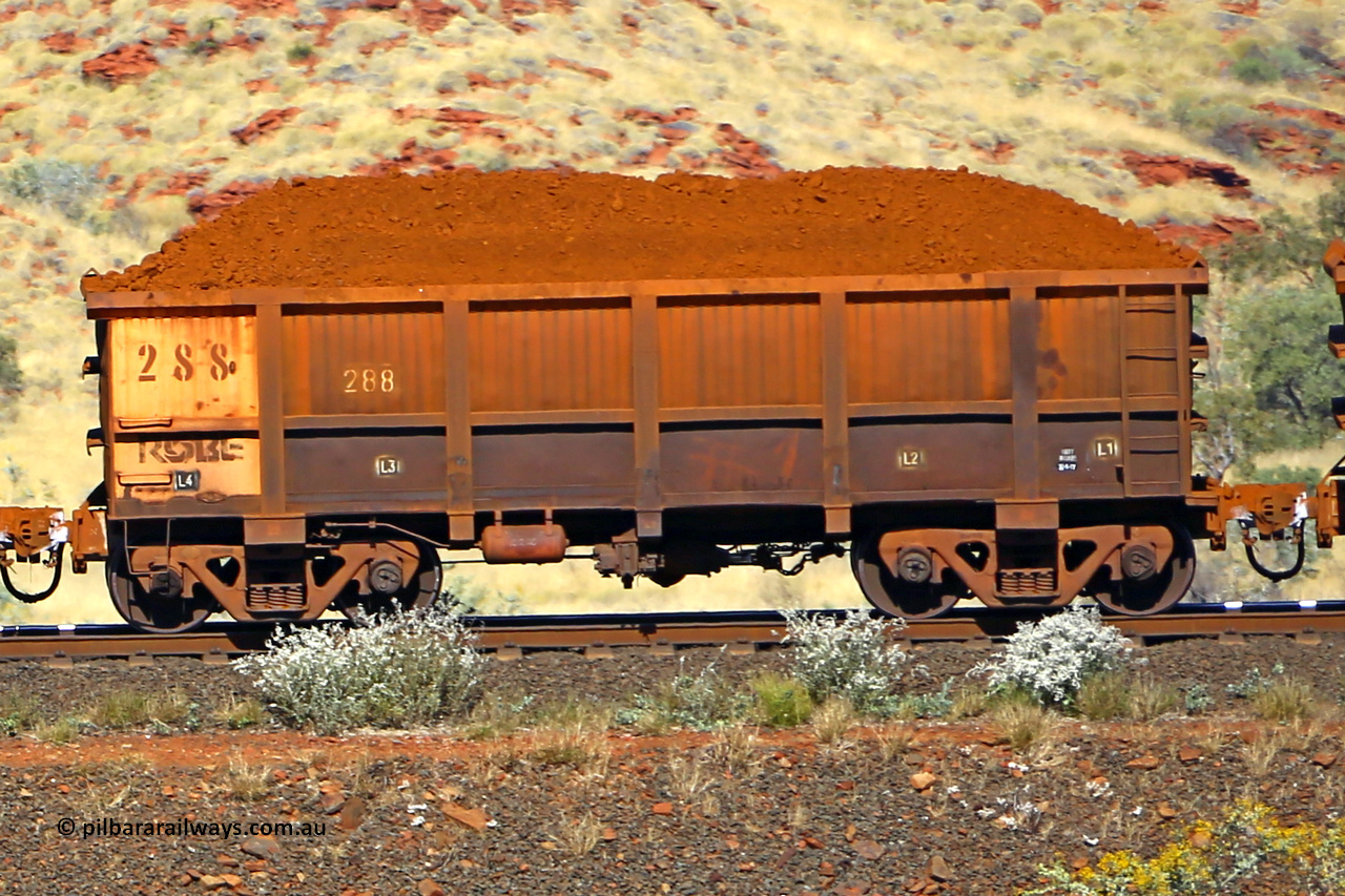 0288 170728 09931
Robe River ore waggon 288, built by Nippon Sharyo Nihon, non-handbrake side loaded view at the 72 km, Western Creek on the Deepdale line. July 28, 2017.
Keywords: 288;Nippon-Sharyo-Nihon;Robe-ore-waggon;