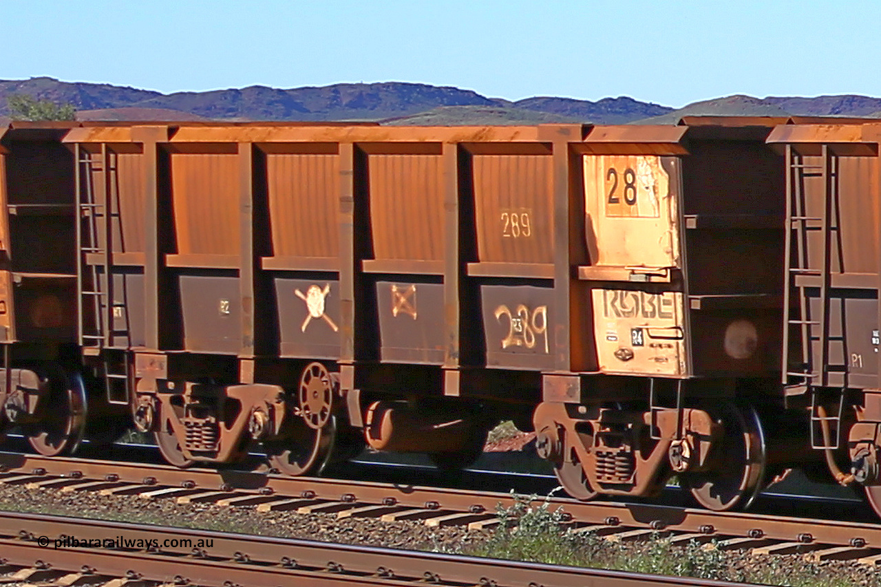 0289 160727 0970
Robe River ore waggon 289, built by Nippon Sharyo Nihon, rotary coupler end handbrake side empty view at Harding Siding on the Cape Lambert line, July 27, 2016.
Keywords: 289;Nippon-Sharyo-Nihon;Robe-ore-waggon;