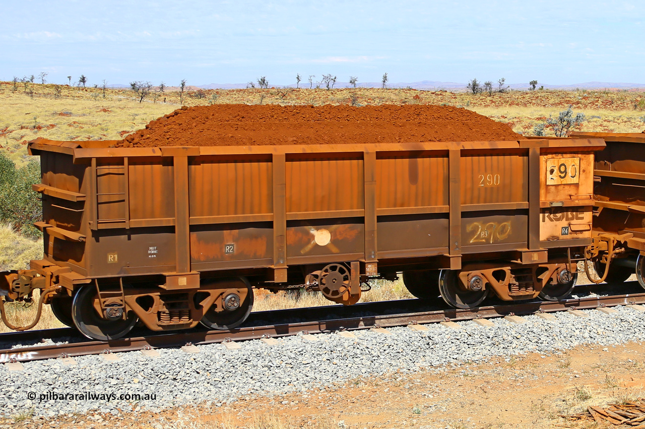 0290 170729 0247
Robe River ore waggon 290, built by Nippon Sharyo Nihon, fixed coupler handbrake side loaded view at the 103 km, between Maitland Siding and the Fortescue River on the Deepdale line. July 29, 2017.
Keywords: 290;Nippon-Sharyo-Nihon;Robe-ore-waggon;