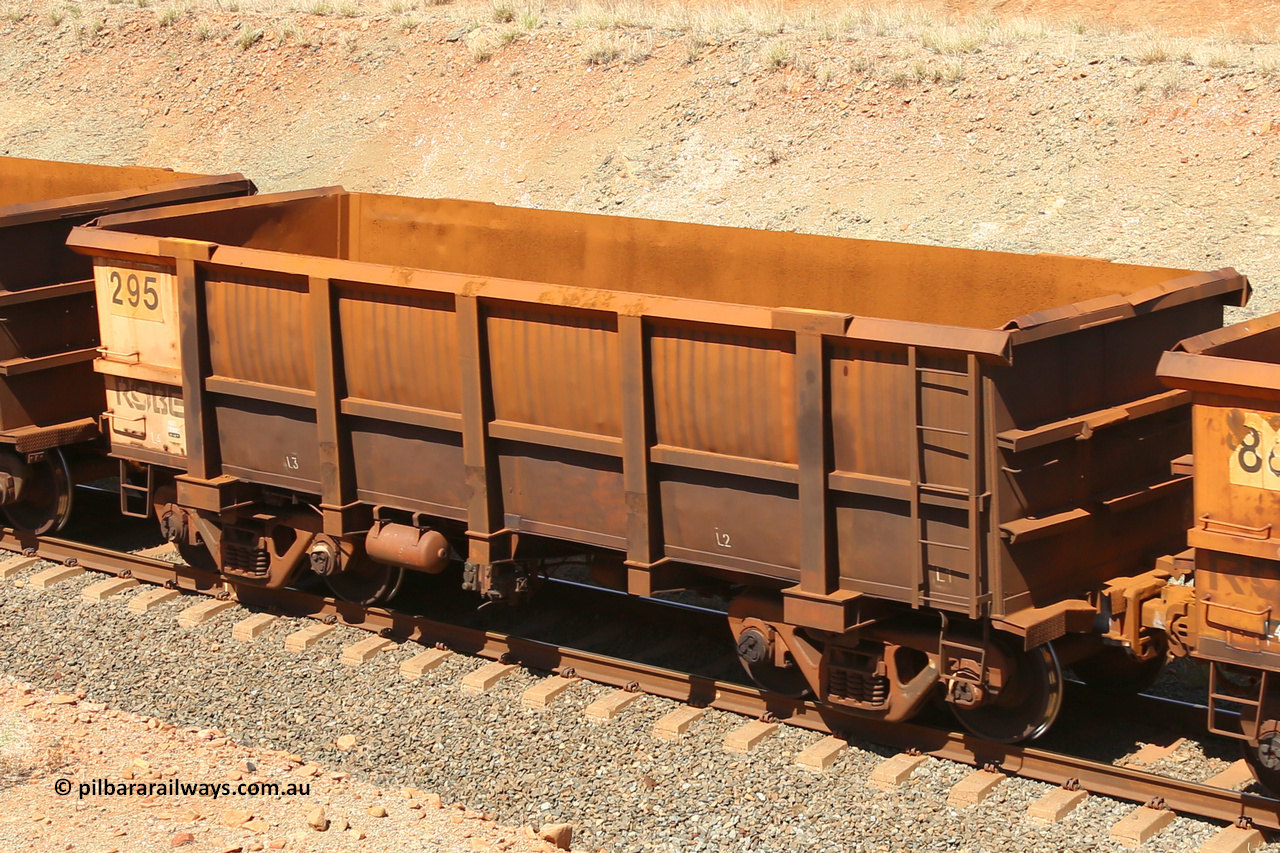 0295 160306 1248
Robe River ore waggon 295, built by Nippon Sharyo Nihon, fixed coupler non-handbrake side empty view at Greenpool on the Cape Lambert line. March 6, 2016.
Keywords: 295;Nippon-Sharyo-Nihon;Robe-ore-waggon;