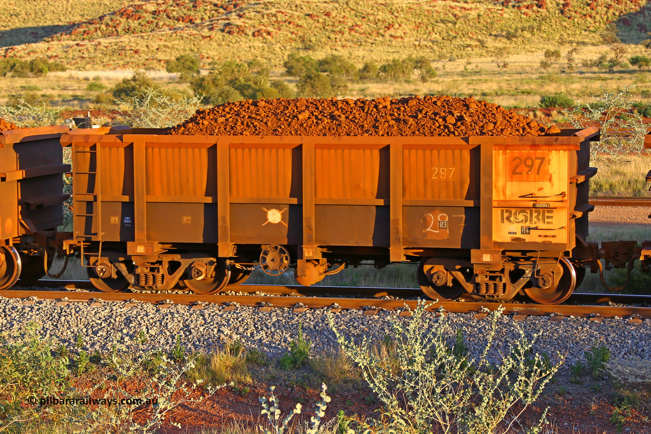 0297 170513 8646
Robe River ore waggon 297, built by Nippon Sharyo Nihon, handbrake side loaded view, Cape Lambert yard, May 13, 2017.
Keywords: 297;Nippon-Sharyo-Nihon;Robe-ore-waggon;