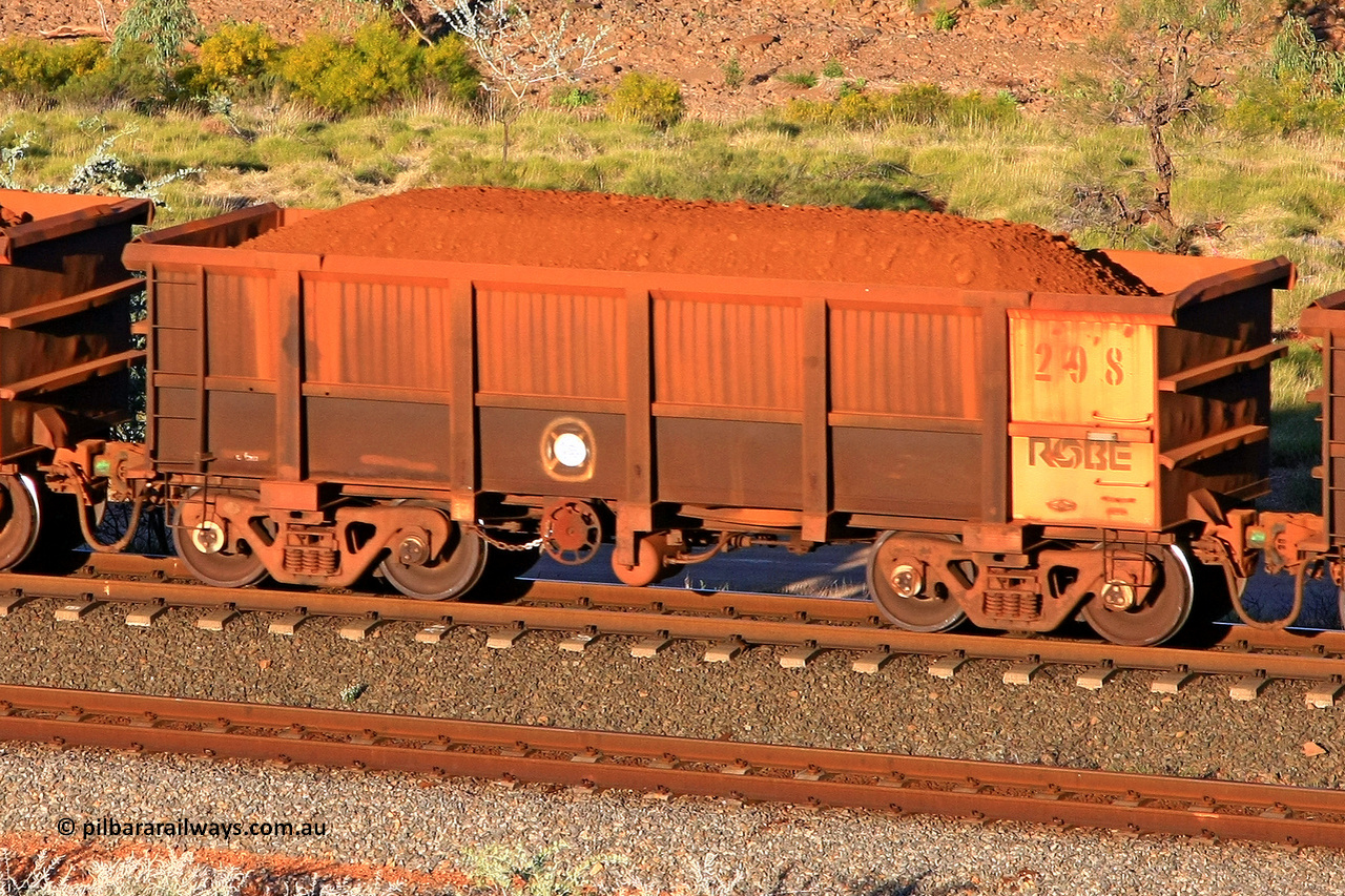0298 110602 1694
Robe River ore waggon 298, built by Nippon Sharyo Nihon, rotary coupler end handbrake side loaded view at the 71 km, Western Creek on the Deepdale line. June 2, 2011.
Keywords: 298;Nippon-Sharyo-Nihon;Robe-ore-waggon;