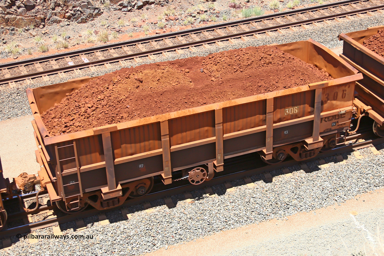 0306 160306 1452
Robe River ore waggon 306, built by Nippon Sharyo Nihon, fixed coupler handbrake side loaded view at the 45 km, Harding Siding on the Cape Lambert line. March 6, 2016.
Keywords: 306;Nippon-Sharyo-Nihon;Robe-ore-waggon;