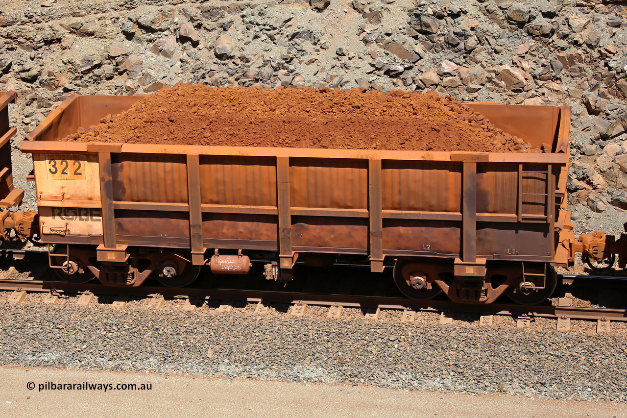 0322 160306 1589
Robe River ore waggon 322, built by Nippon Sharyo Nihon, fixed coupler non-handbrake side loaded view at the 45 km, Harding Siding on the Cape Lambert line. March 6, 2016.
Keywords: 322;Nippon-Sharyo-Nihon;Robe-ore-waggon;