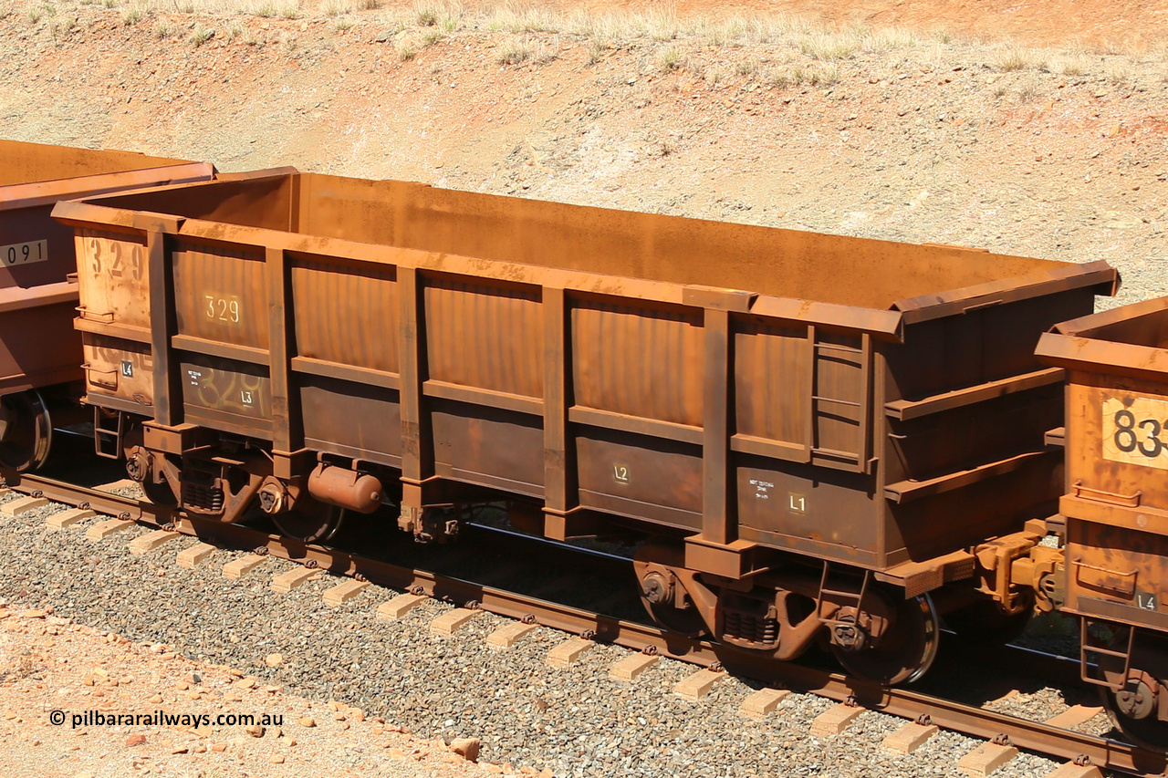 0329 160306 1308
Robe River ore waggon 329, built by Nippon Sharyo Nihon, fixed coupler non-handbrake side empty view at Greenpool on the Cape Lambert line. March 6, 2016.
Keywords: 329;Nippon-Sharyo-Nihon;Robe-ore-waggon;