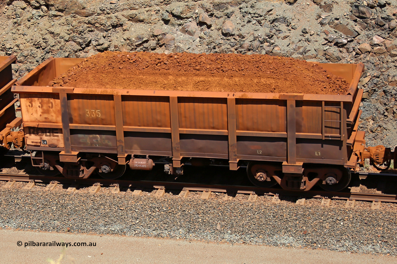 0335 160306 1647
Robe River ore waggon 335, built by Nippon Sharyo Nihon, fixed coupler non-handbrake side loaded view at the 45 km, Harding Siding on the Cape Lambert line. March 6, 2016.
Keywords: 335;Nippon-Sharyo-Nihon;Robe-ore-waggon;