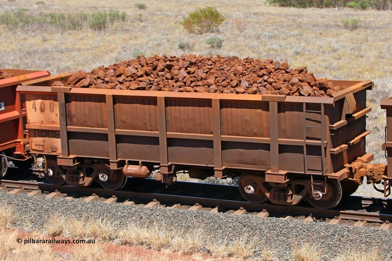 0400 081209 0159
Robe River ore waggon 400, built by Tomlinson Steel WA, fixed coupler non-handbrake side loaded view at the 7 km location just south of Cape Lambert yard. December 9, 2008.
Keywords: 400;Tomlinson-Steel-WA;Robe-ore-waggon;