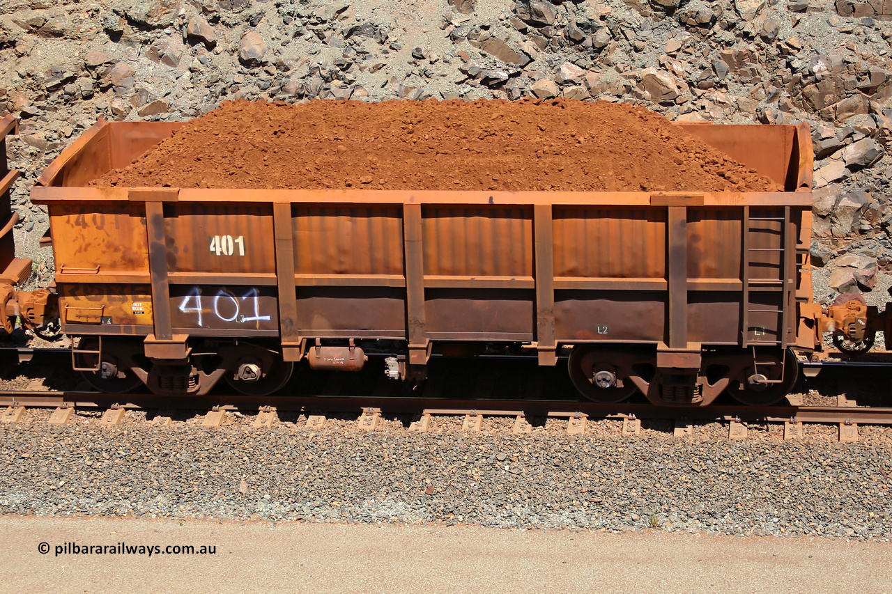 0401 160306 1549
Robe River ore waggon 401, built by Tomlinson Steel WA, fixed coupler non-handbrake side loaded view at the 45 km, Harding Siding on the Cape Lambert line. March 6, 2016.
Keywords: 401;Tomlinson-Steel-WA;Robe-ore-waggon;