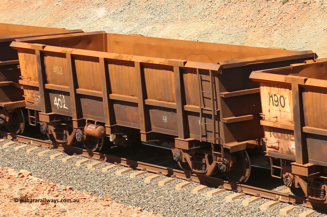 0402 160306 1347
Robe River ore waggon 402, built by Tomlinson Steel WA, fixed coupler non-handbrake side empty view at Greenpool on the Cape Lambert line. March 6, 2016.
Keywords: 402;Tomlinson-Steel-WA;Robe-ore-waggon;