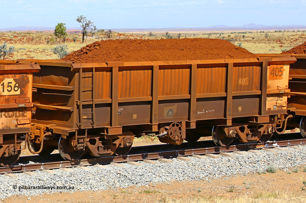 0405 170729 0229
Robe River ore waggon 405, built by Tomlinson Steel WA, fixed coupler handbrake side loaded view at the 103 km, between Maitland Siding and the Fortescue River on the Deepdale line. July 29, 2017.
Keywords: 405;Tomlinson-Steel-WA;Robe-ore-waggon;