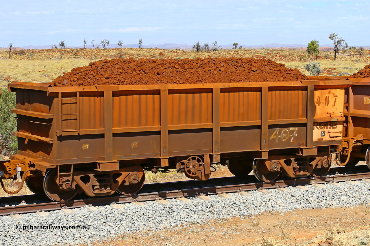 0407 170729 0202
Robe River ore waggon 407, built by Tomlinson Steel WA, fixed coupler handbrake side loaded view at the 103 km, between Maitland Siding and the Fortescue River on the Deepdale line. July 29, 2017.
Keywords: 407;Tomlinson-Steel-WA;Robe-ore-waggon;