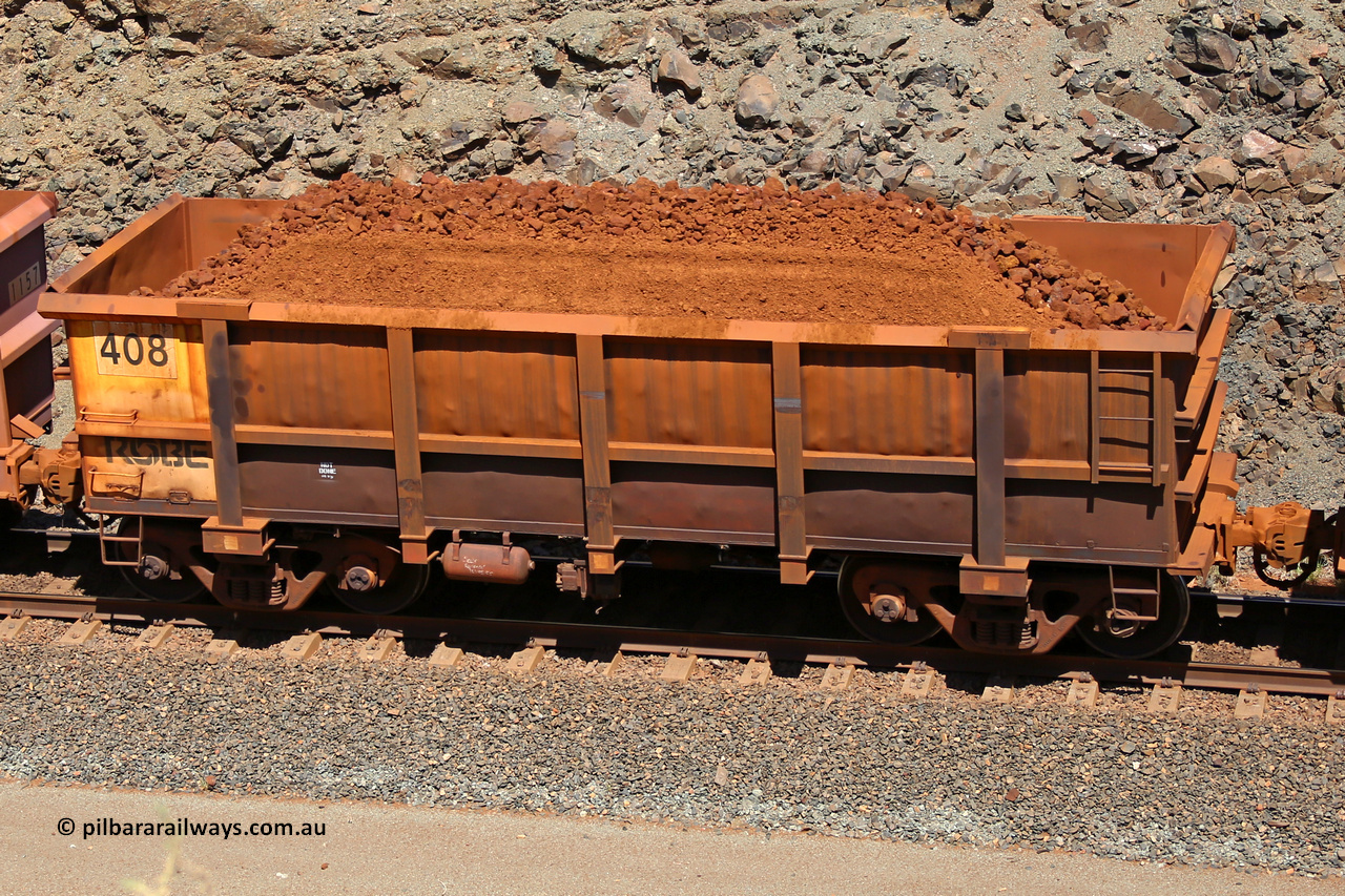 0408 160306 1614
Robe River ore waggon 408, built by Tomlinson Steel WA, fixed coupler non-handbrake side loaded view at the 45 km, Harding Siding on the Cape Lambert line. March 6, 2016.
Keywords: 408;Tomlinson-Steel-WA;Robe-ore-waggon;
